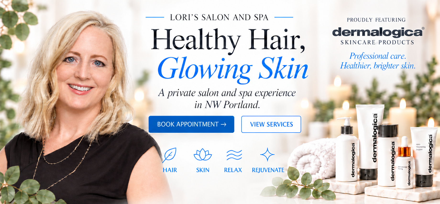 Lori alongside candles and Dermalogica skincare. Healthy Hair, Glowing Skin. A private salon and spa experience in NW Portland.